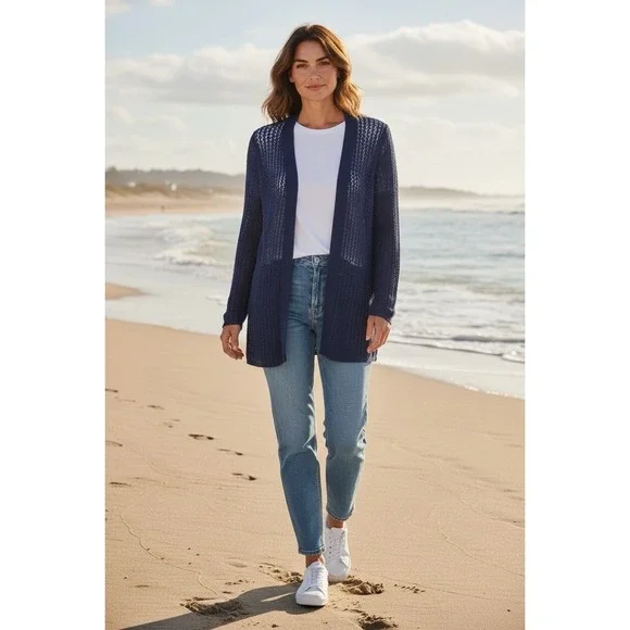 J McLaughlin Crochet Knit Open Front Cardigan Women's XS X-SMALL Navy L/S - Picture 2 of 8